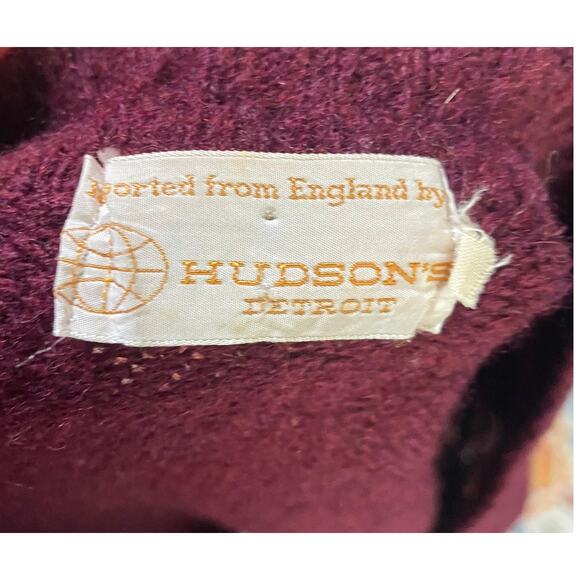 Vintage 60s Hudsons Detroit Sweater Shetland Wool V Neck Elbow Patches Burgundy - Picture 11 of 13